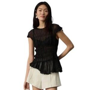 By Anthropologie Sheer Black Smocked Ruffled Asymmetrical Tee Shirt Tank- Size M